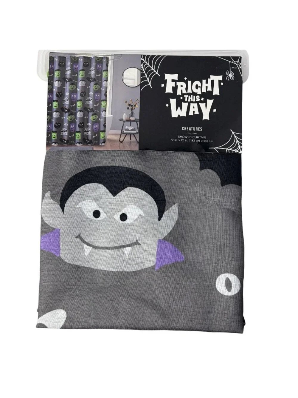 NWT Fright This Way Halloween Creatures Shower Curtain 72x72 Monsters Vampire Ba